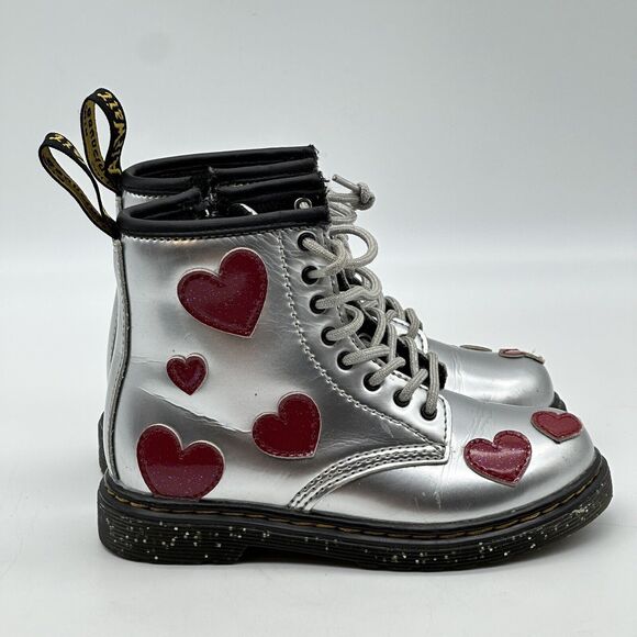 Dr. Martens Silver Kids Boots with Red Heart Accents - Picture 4 of 12